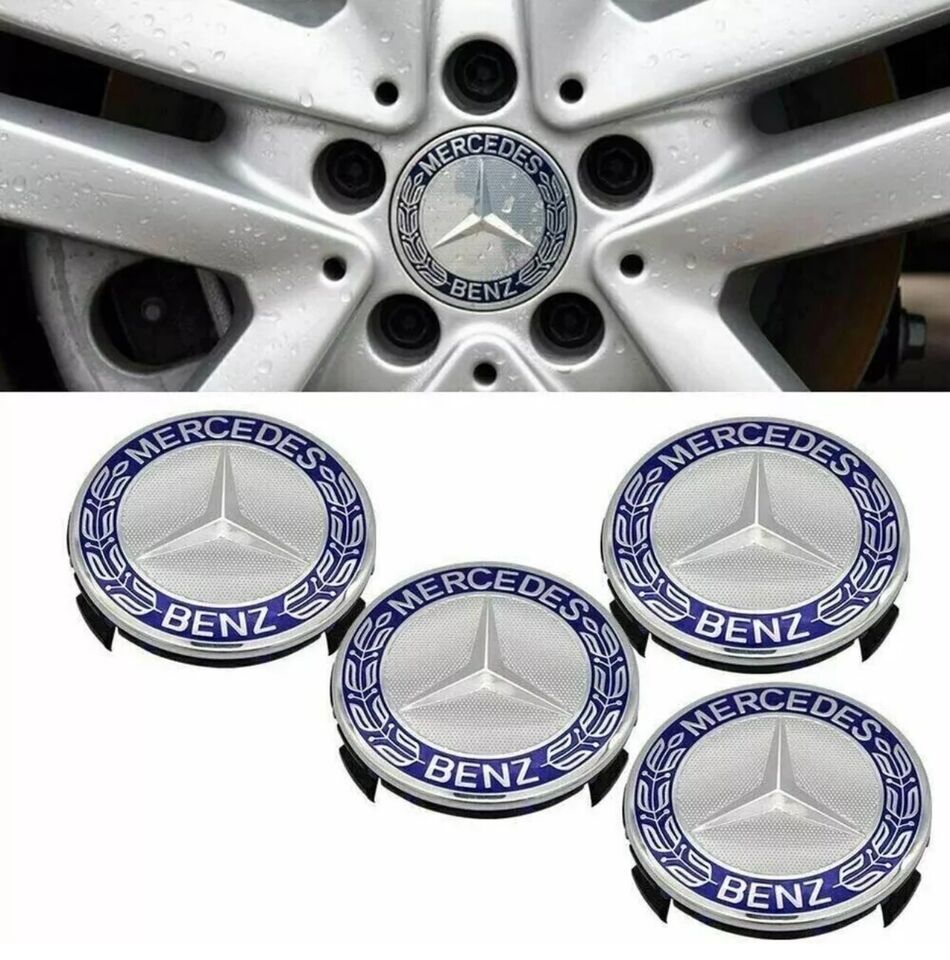 4x Blue Mercedes Benz Alloy Wheel Centre Caps 75mm Badges Hub Emblem – Fits All